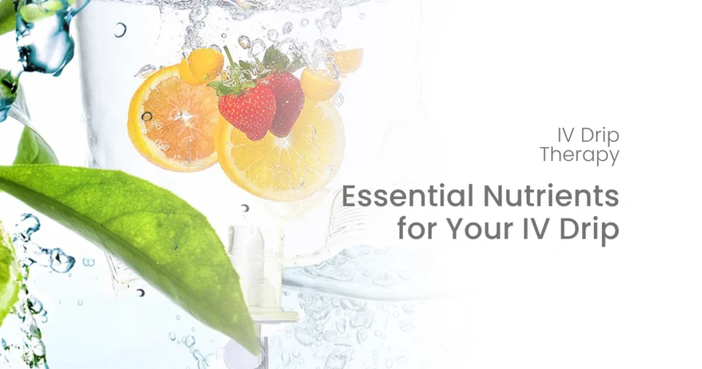 Scientific illustration of various vitamins and minerals found in an IV Vitamin Drip.