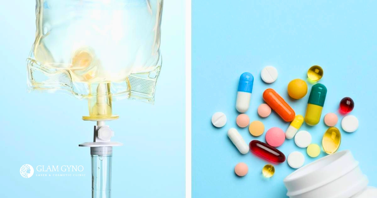 Comparison graphic showing IV drip, oral supplements, and healthy diet for wellness